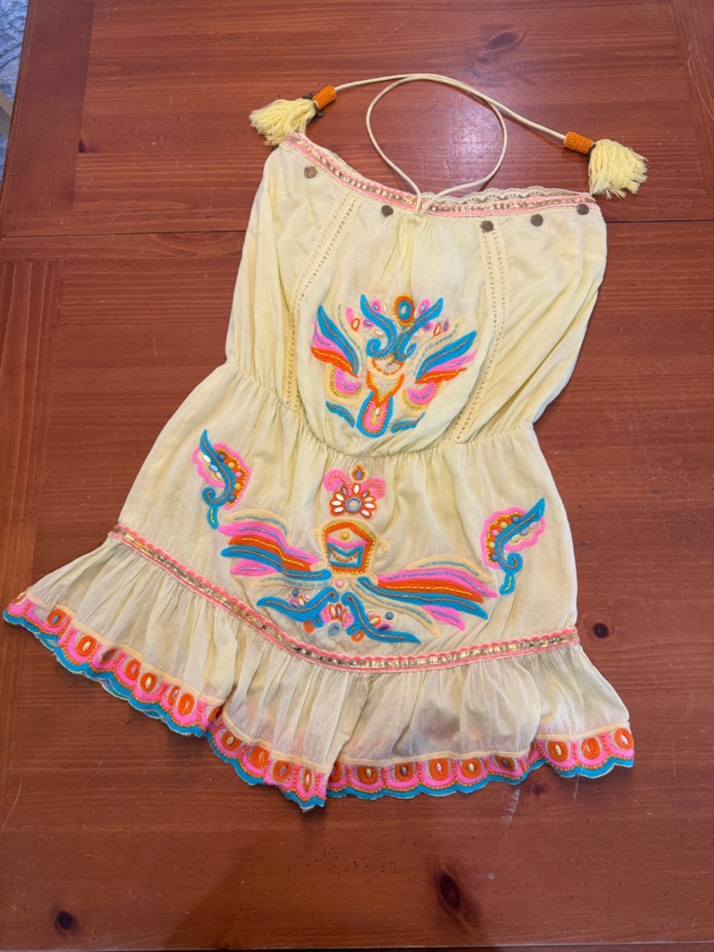 Yellow Embroidered Halter Mini Dress with Tassel Ties